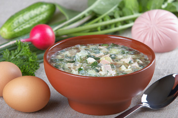 Cold vegetable soup with kvas and mayonnaise