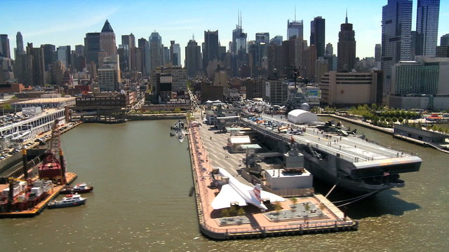 Aerial view of Concorde alongside USS Intrepid in New York, USA