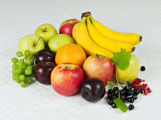 Assorted fresh fruit on table cloth