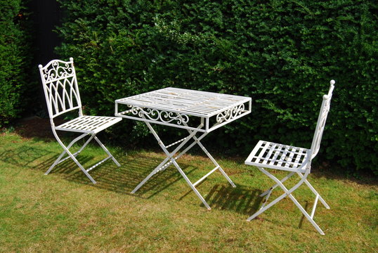 White Metal Garden Furniture - Table And Two Chairs