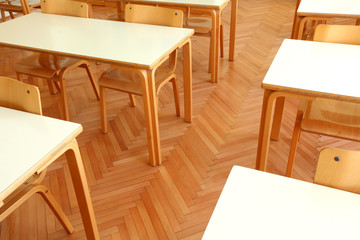 Wooden tables and chairs in the classroom