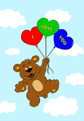 Naklejka premium Bear with balloons flying in air