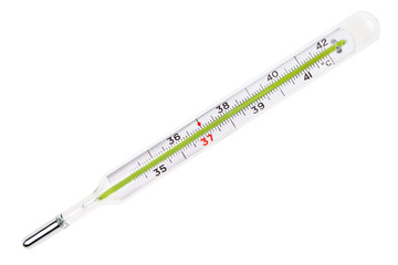 Glass mercury thermometer isolated over white background.