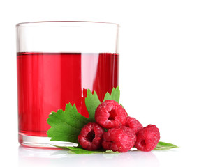 Fresh raspberries and juice isolated on white