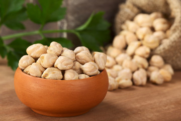 Raw white dried chickpeas (lat. Cicer arietinum) in small bowl