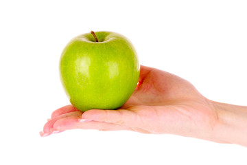 An apple on the hand isolated on white