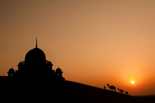 mosque in desert with camels silhouette