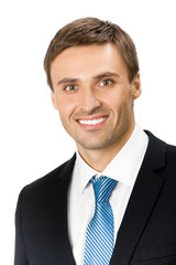 Portrait of happy smiling business man, isolated on white