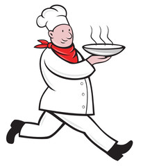 chef cook running serving hot soup bowl