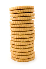 Towerof  jam filled biscuits over white