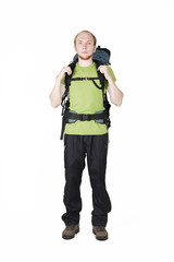 tourist with big backpack standing isolated