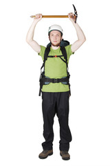 mountain tourist in helmet and with big backpack standing and ho