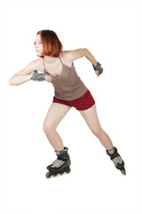 young beauty girl on rollerblades in start pose isolated