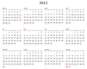 calendar 2012