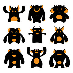 Set of cartoon cute monsters silhouettes
