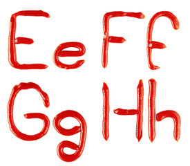 letters made of ketchup on white background