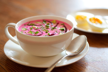 Cold beet soup "Saltibarsciai", lithuanian national dish