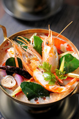 Tom Yum soup, a Thai traditional spicy prawn soup
