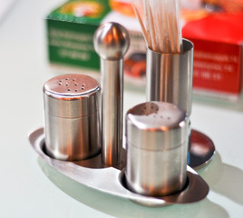 salt-pepper and toothpicks set in stainless steel