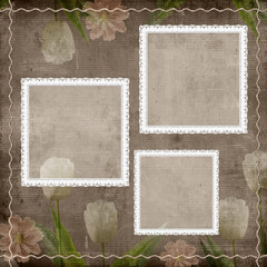 Brown grunge cover for an album with lace frame and tulips