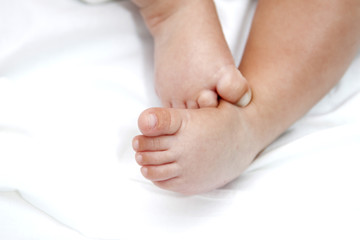 two small baby girl legs on the white background