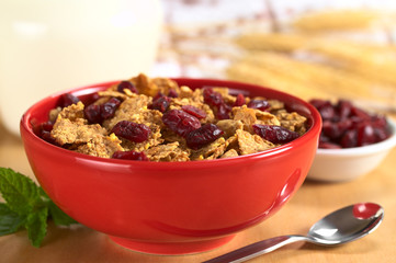 Breakfast of wholewheat cereal with dried cranberries