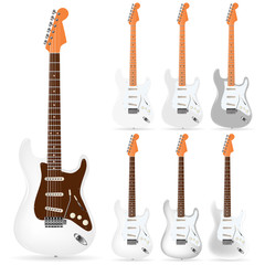 set of white electric guitars isolated on white background