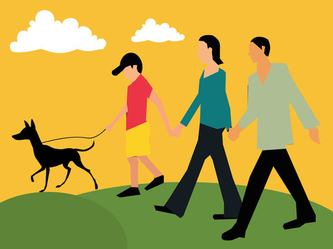 Side View Of Family Walking With Their Pet