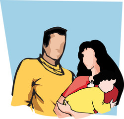 Front view of family and blue sky in background