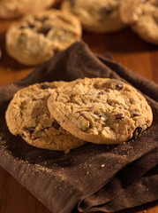 chocolate chip cookies shot with selective focus.