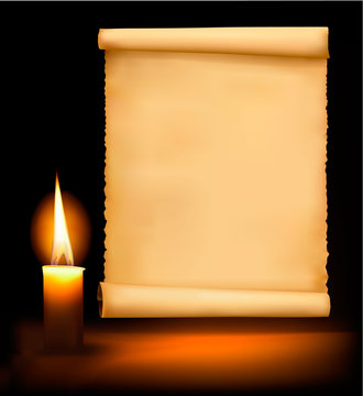 Background with old paper and candle . Vector illustration.