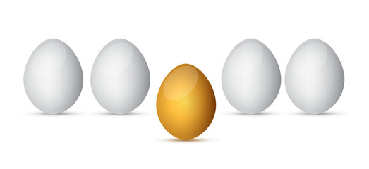 Row of white eggs with golden one