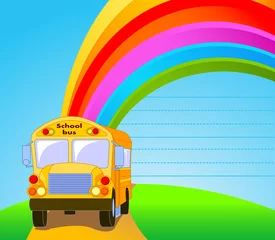 Afwasbaar Fotobehang Regenboog Gele schoolbus achtergrond
