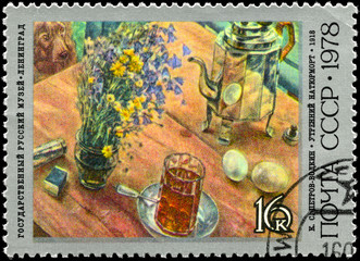 USSR - CIRCA 1978 Still-life with Teapot and Flowers