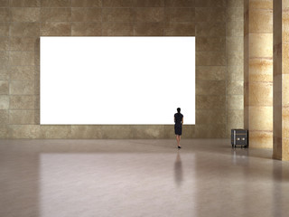 Woman look at the blank frame in art gallery 3D - obrazy, fototapety, plakaty
