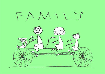 детский рисунок семьи на велосипеде, вектор