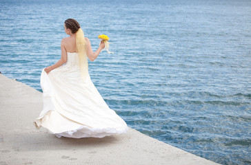 Fototapeta na wymiar Beautiful bride posing over sea landscape