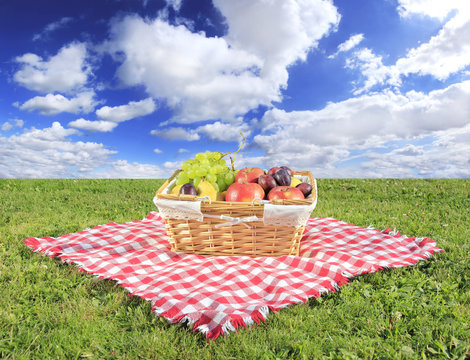 Picnic at meadow with perfect sky background