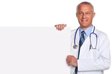 Doctor holding blank white poster isolated