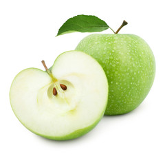 Green apples and half of apple Isolated on a white background.