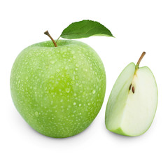 green apples and half of apple Isolated on a white background.