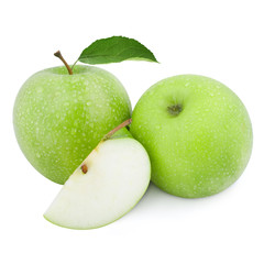 Two green apples and half of apple Isolated on a white