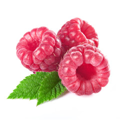 raspberries with leaves isolated on white background