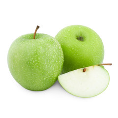 Green apple fruits and half of apple and green leaves isolated