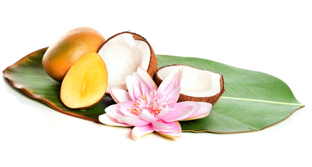 Obraz na płótnie Canvas mangue et noix de coco sur feuille de palmier