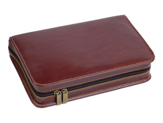 brown leather case with zipper isolated on white