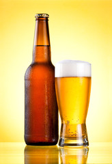 Brown full bottle covered with condensate and glass fresh cold b