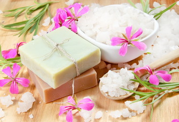 Fototapeta na wymiar Spa Herbal Soap and Scented Sea Salt