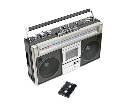 Vintage cassette player on white background