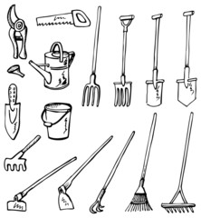Gardening tools doodles - obrazy, fototapety, plakaty